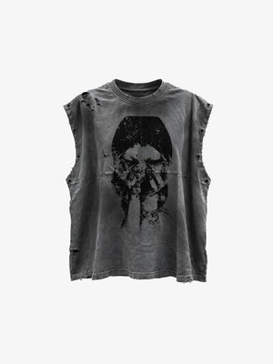 Camiseta sin mangas gris lavado con tachuelas y estampado de cara – Gris lavado, frente en plano | XoKool