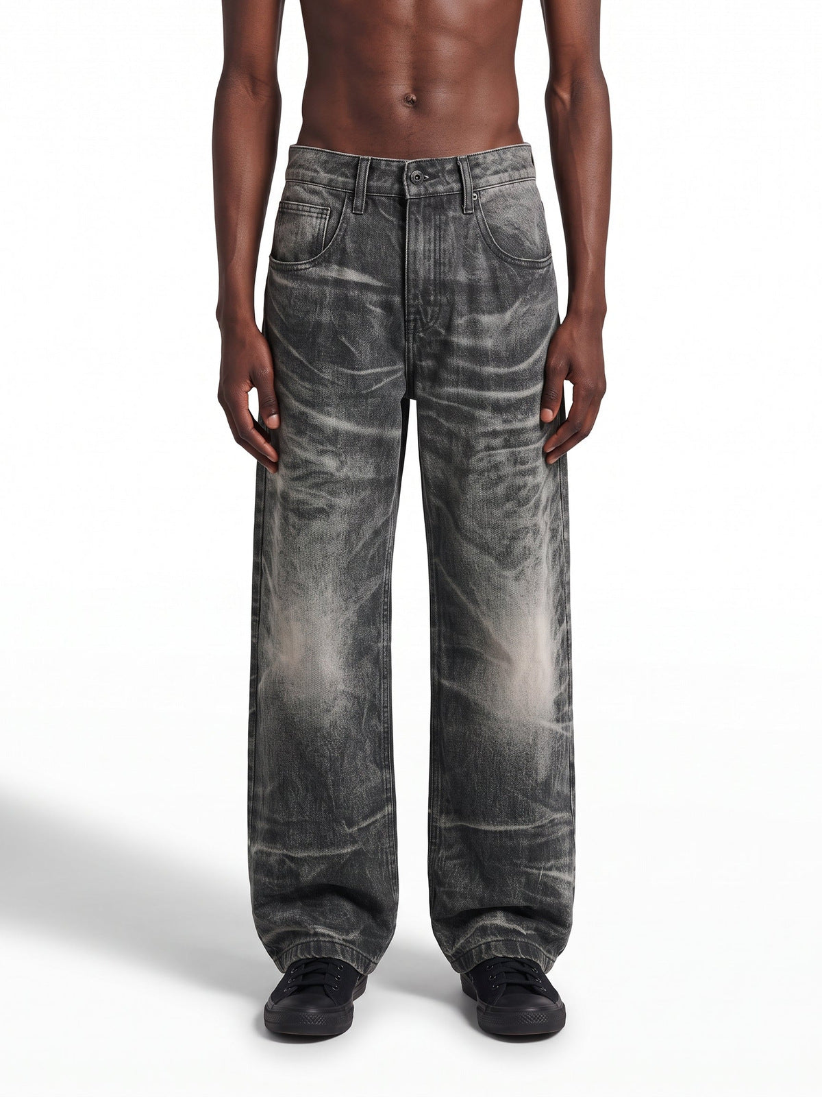 Washed Graue Wide Leg Jeans mit Leo-Taschen – am Model, Vorderansicht | XoKool
