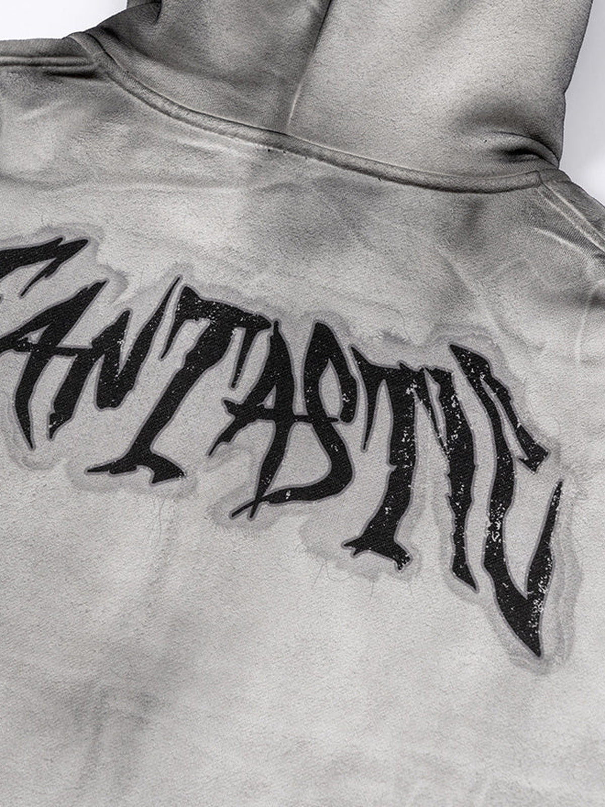 Washed Grey Zip Up Hoodie with Gothic Lettering – back print close-up | XoKool