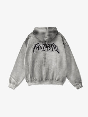 Washed Grey Zip Up Hoodie with Gothic Lettering – Grey, back view | XoKool