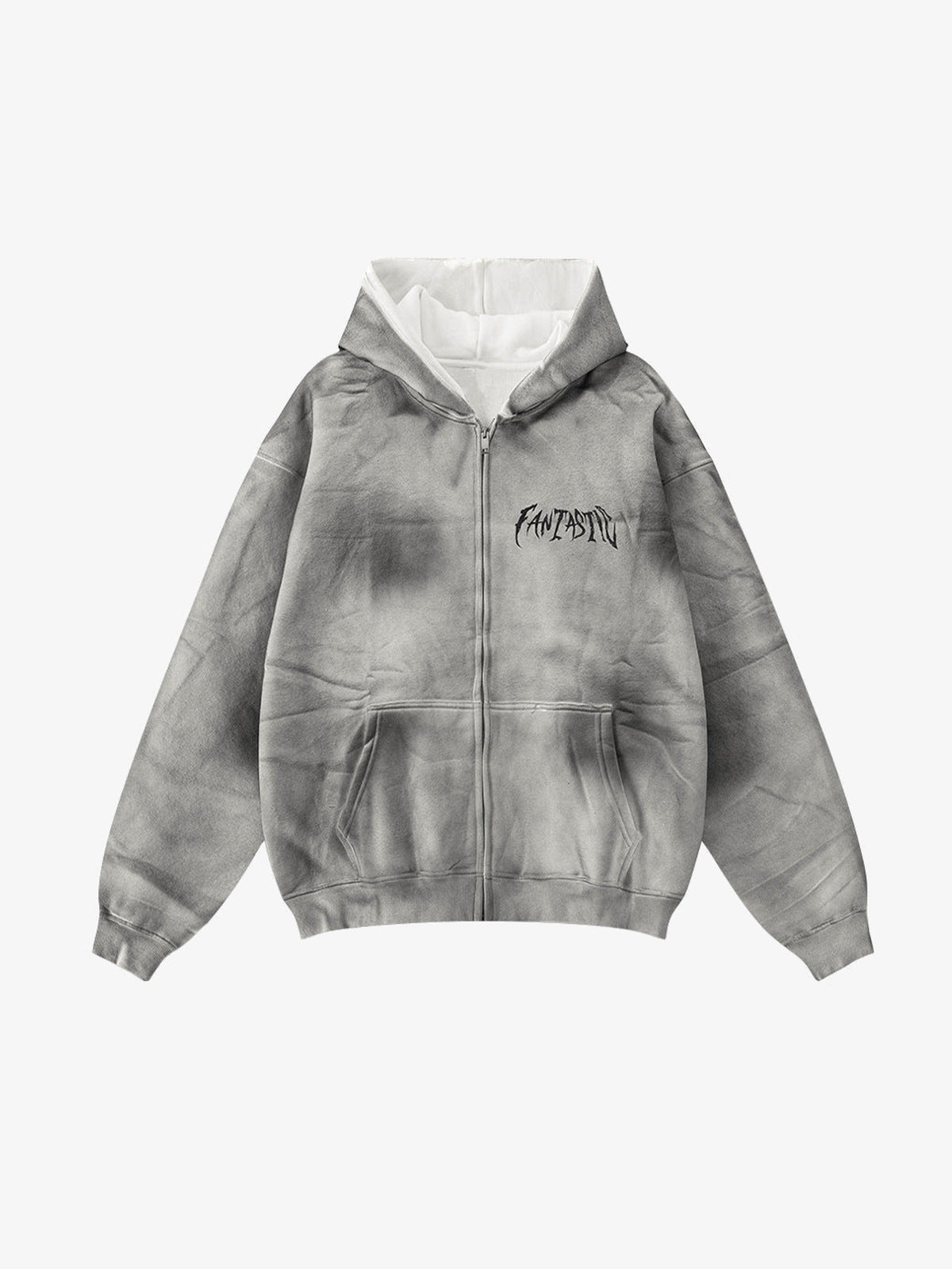 Washed Grey Zip Hoodie mit Gothic-Schriftzug – Grau, Vorderansicht | XoKool