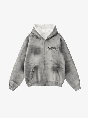 Washed Grey Zip Up Hoodie with Gothic Lettering – Grey, front view | XoKool