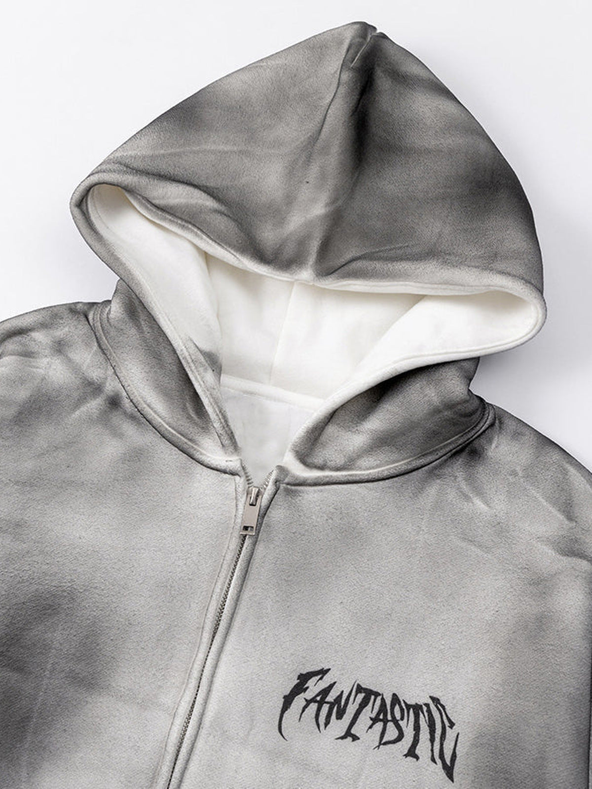 Washed Grey Zip Up Hoodie with Gothic Lettering – hood + chest print close-up | XoKool