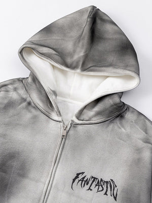 Washed Grey Zip Up Hoodie with Gothic Lettering – hood + chest print close-up | XoKool