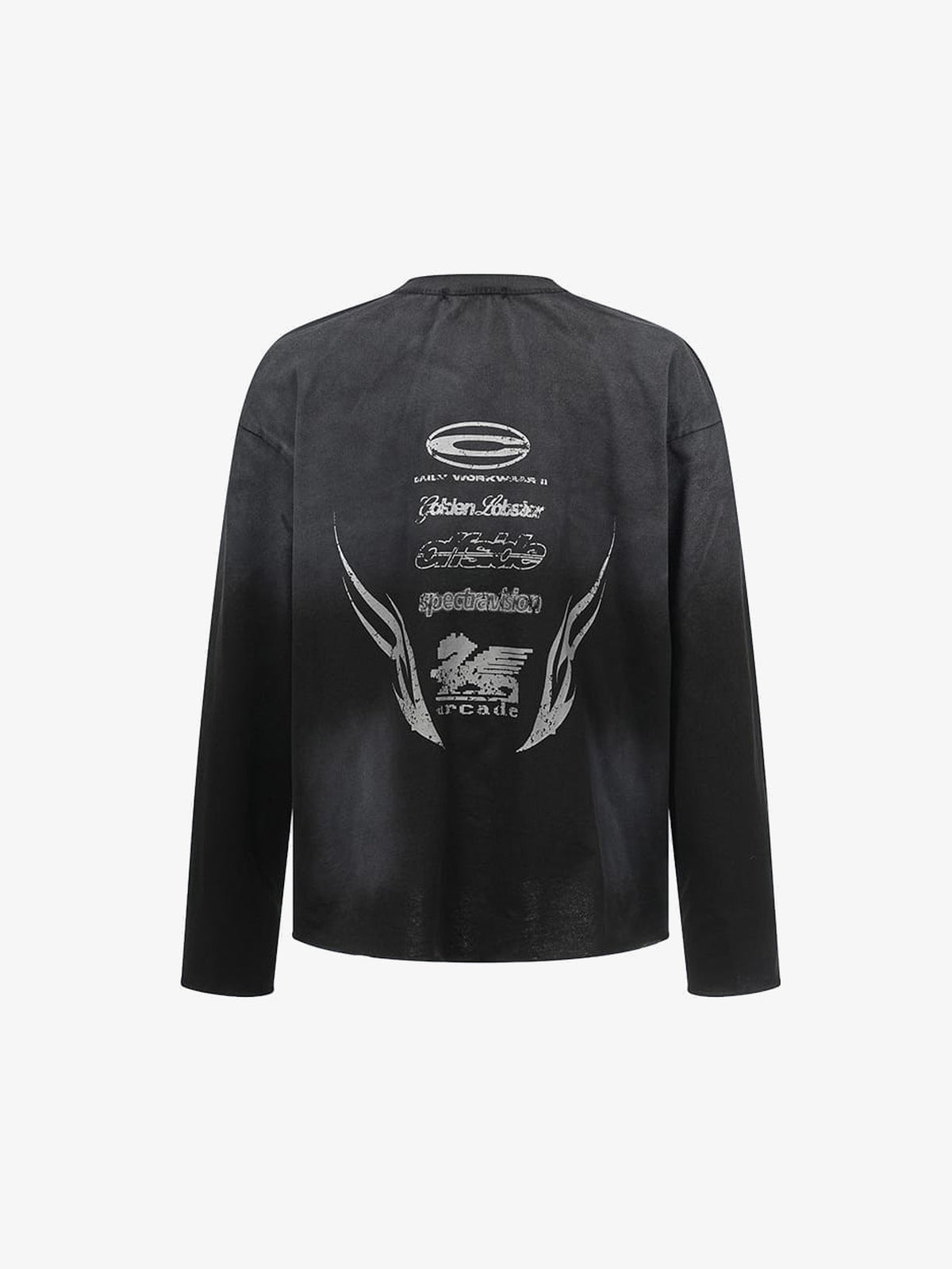 Washed Grunge Long Sleeve Shirt with Slogan Print – Black, back | XoKool