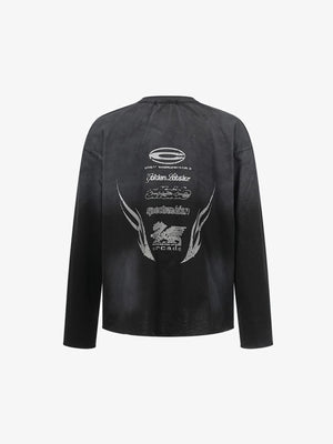 Washed Grunge Long Sleeve Shirt with Slogan Print – Black, back | XoKool