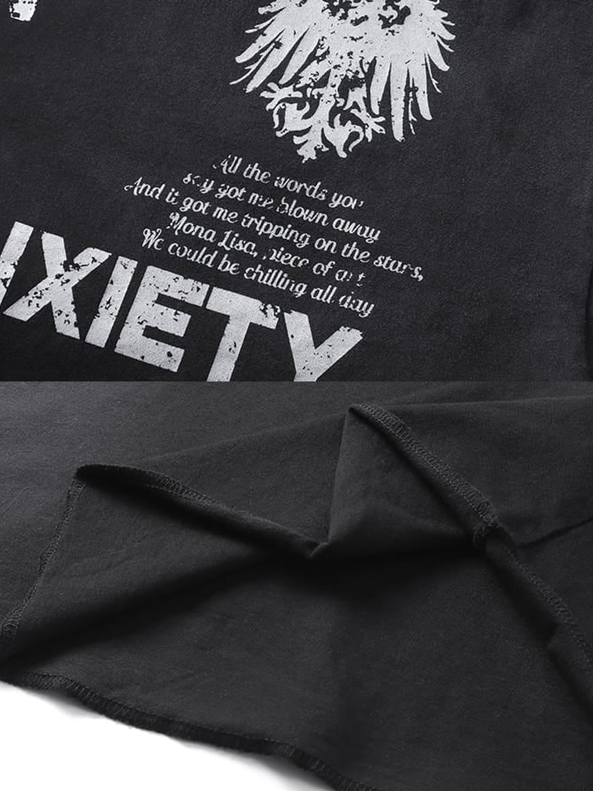 Grunge Long Sleeve Shirt – Black print and raw hem close-up | XoKool