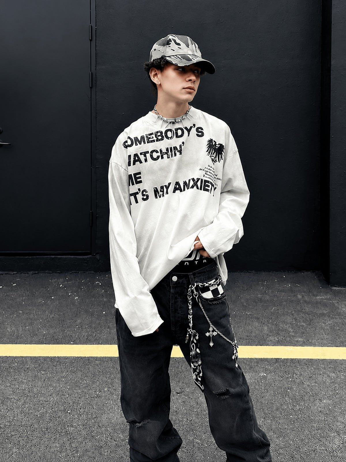 Washed Grunge Long Sleeve Shirt with Slogan Print – White, street on model front | XoKool