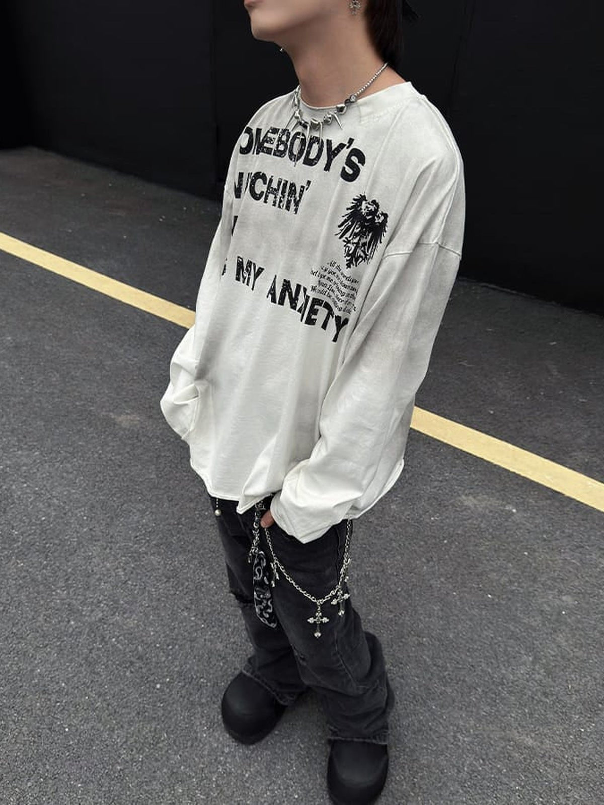 Grunge Long Sleeve Shirt – White, street on model side | XoKool