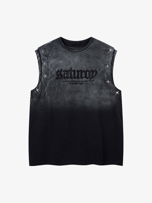 Camiseta sin mangas con tachuelas, efecto lavado degradado y bordado – Negro, vista frontal | XoKool