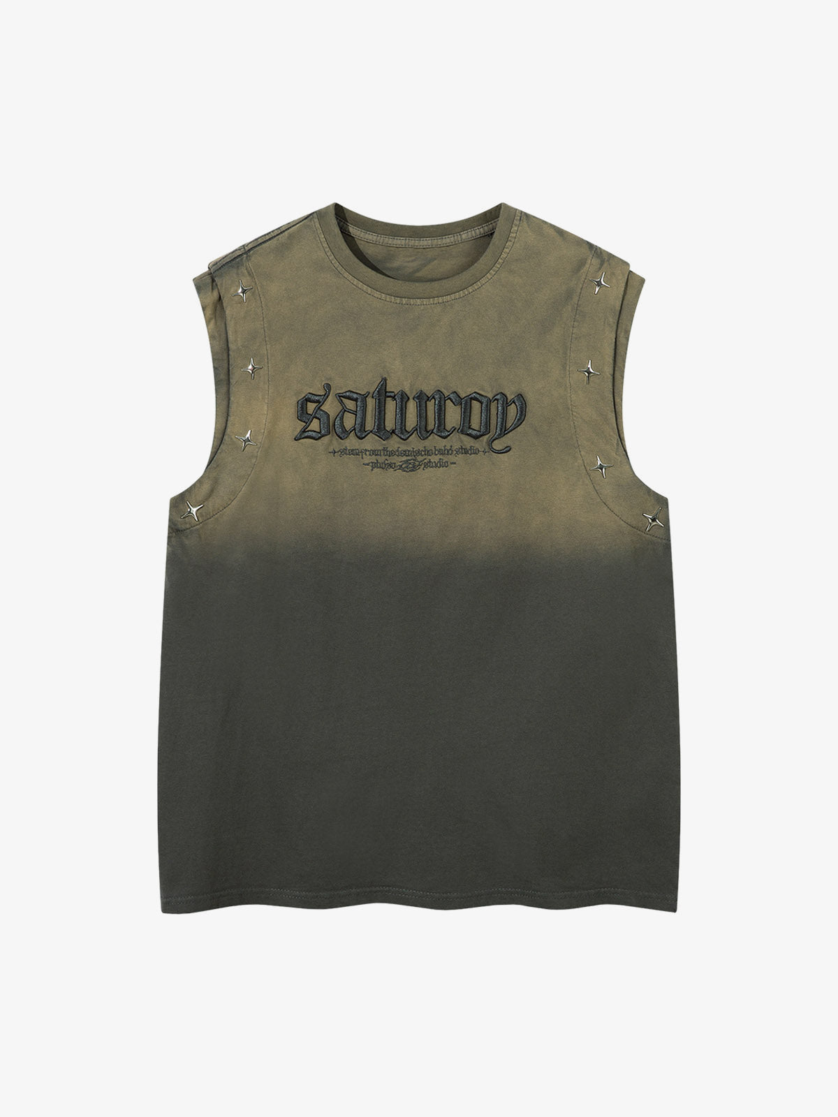 Tanktop mit Nieten, Ombre-Waschung und Stickerei – Oliv, Vorderansicht | XoKool