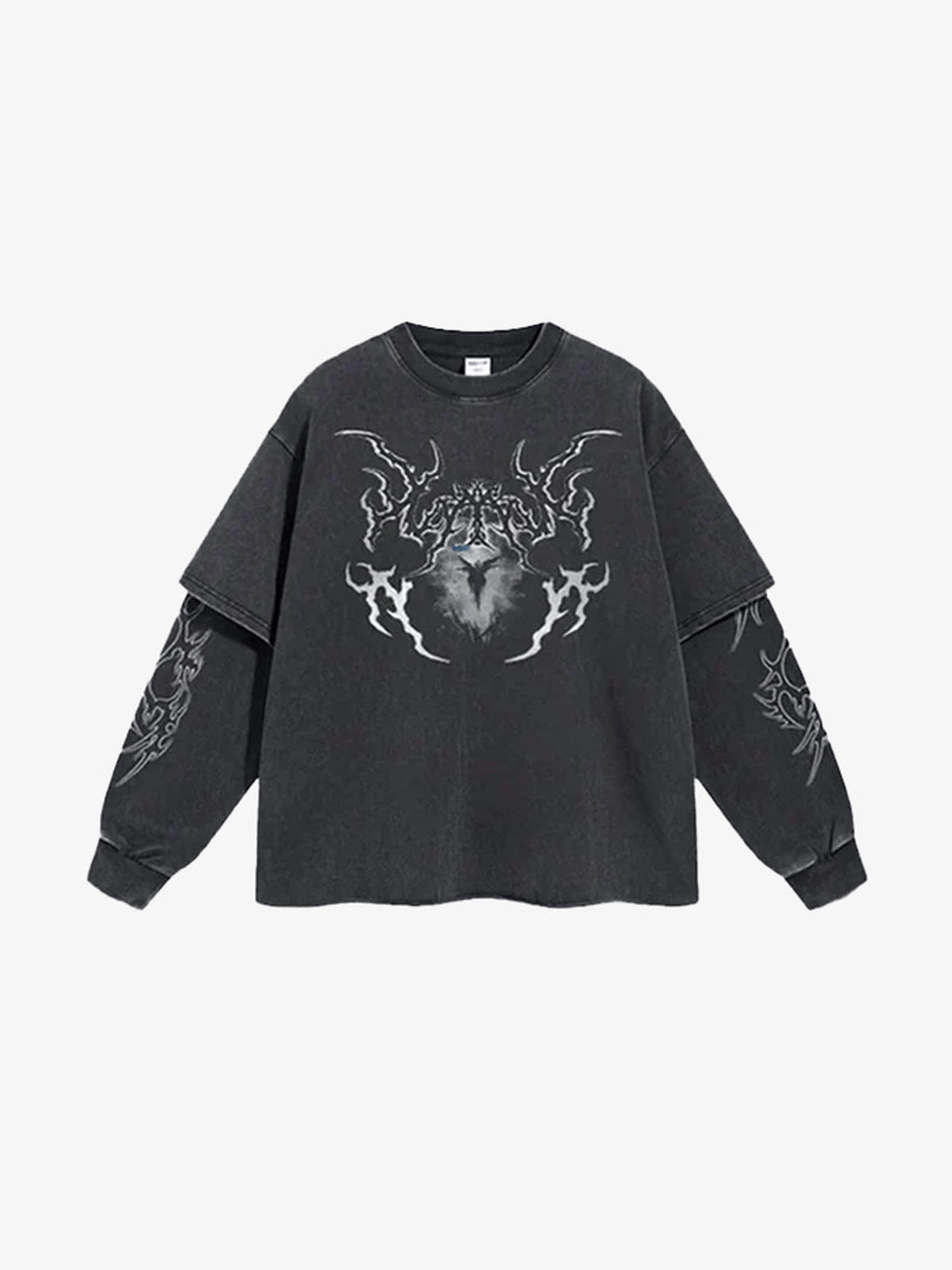 Washed Layered Long Sleeve Tee with Gothic Tribal Print – front | XoKool