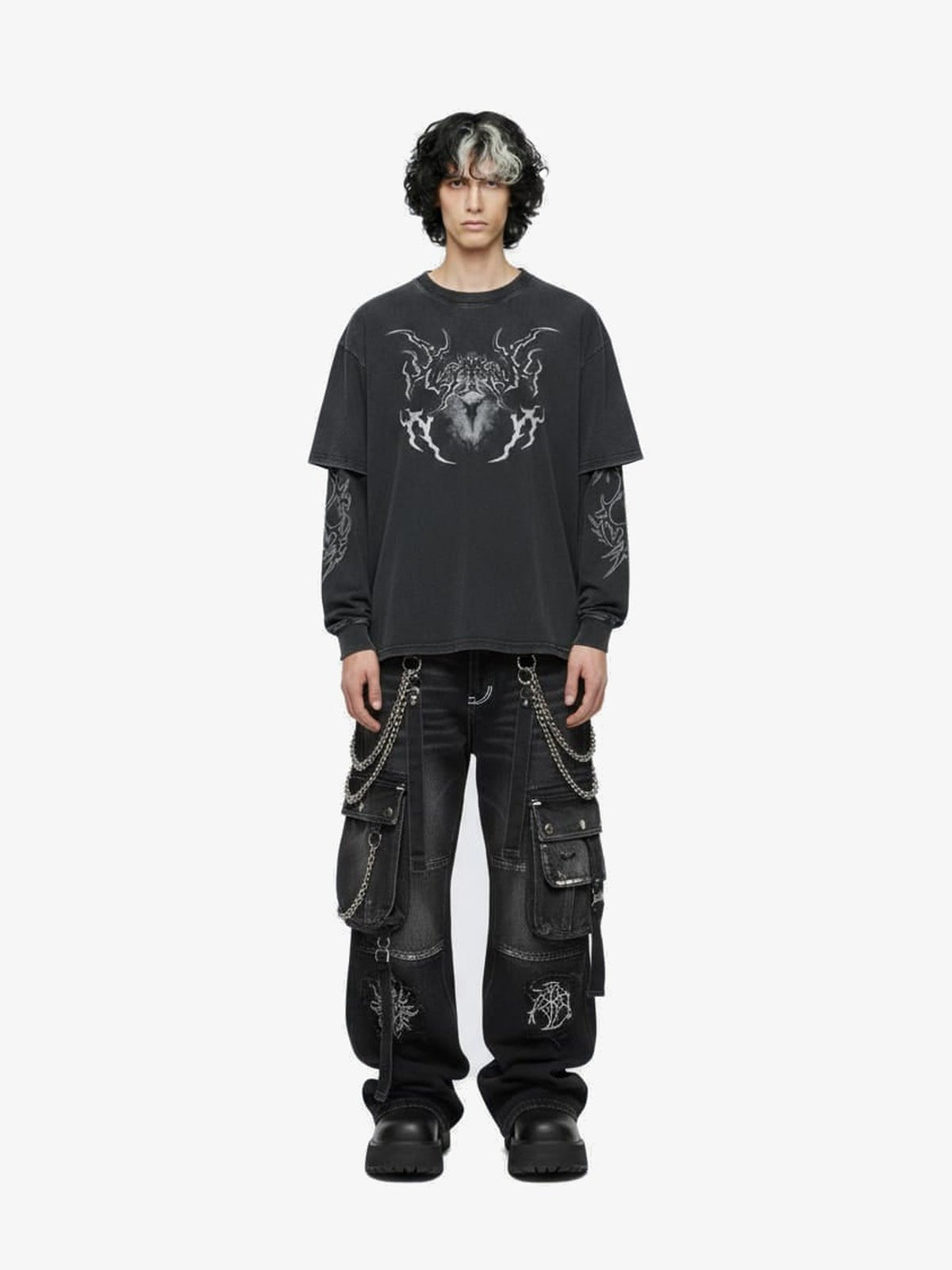 Washed Layered Long Sleeve Tee with Gothic Tribal Print – on model, front | XoKool
