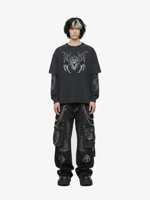 Washed Layered Long Sleeve Tee with Gothic Tribal Print – on model, front | XoKool