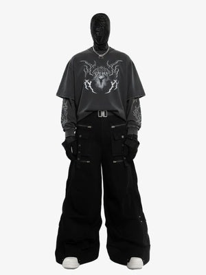 Washed Layered Long Sleeve Tee with Gothic Tribal Print – on model, front | XoKool