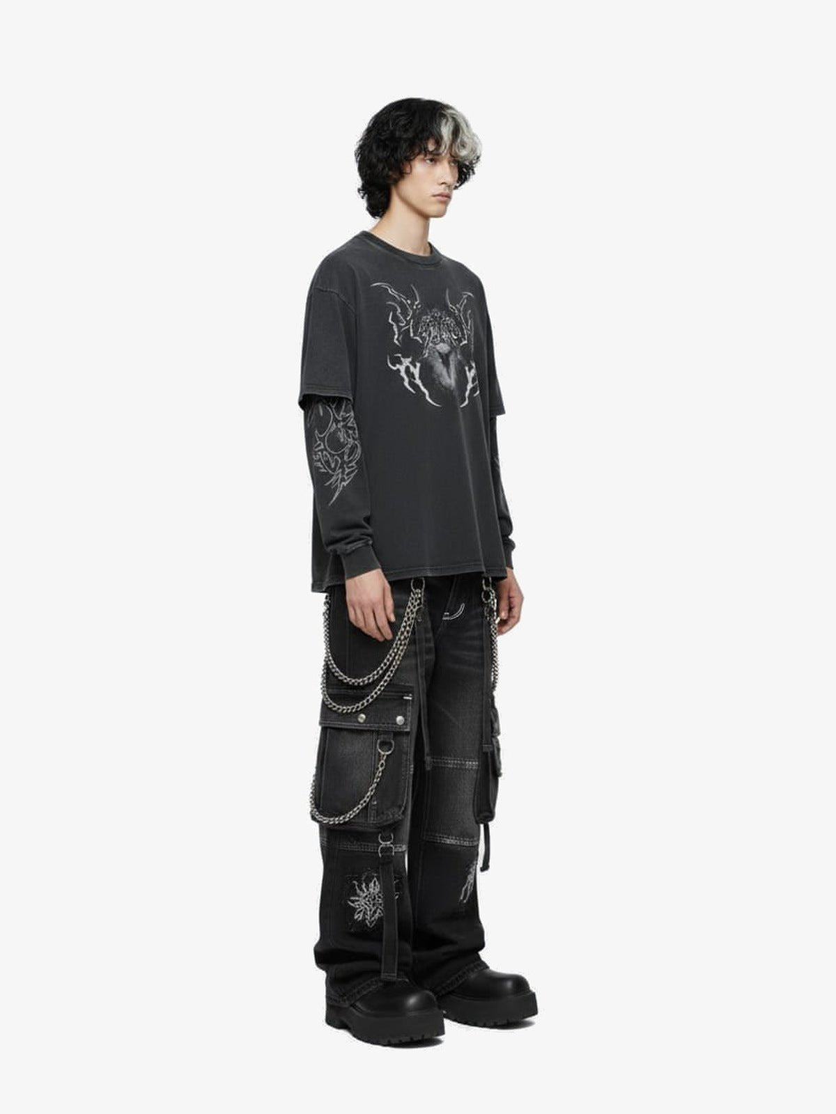 Washed Layered Long Sleeve Tee with Gothic Tribal Print – on model, side | XoKool