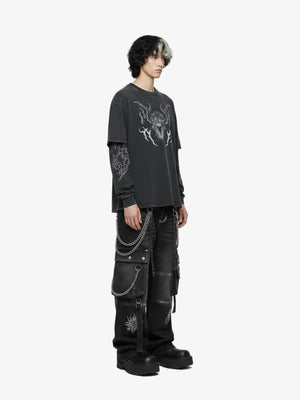 Washed Layered Long Sleeve Tee with Gothic Tribal Print – on model, side | XoKool