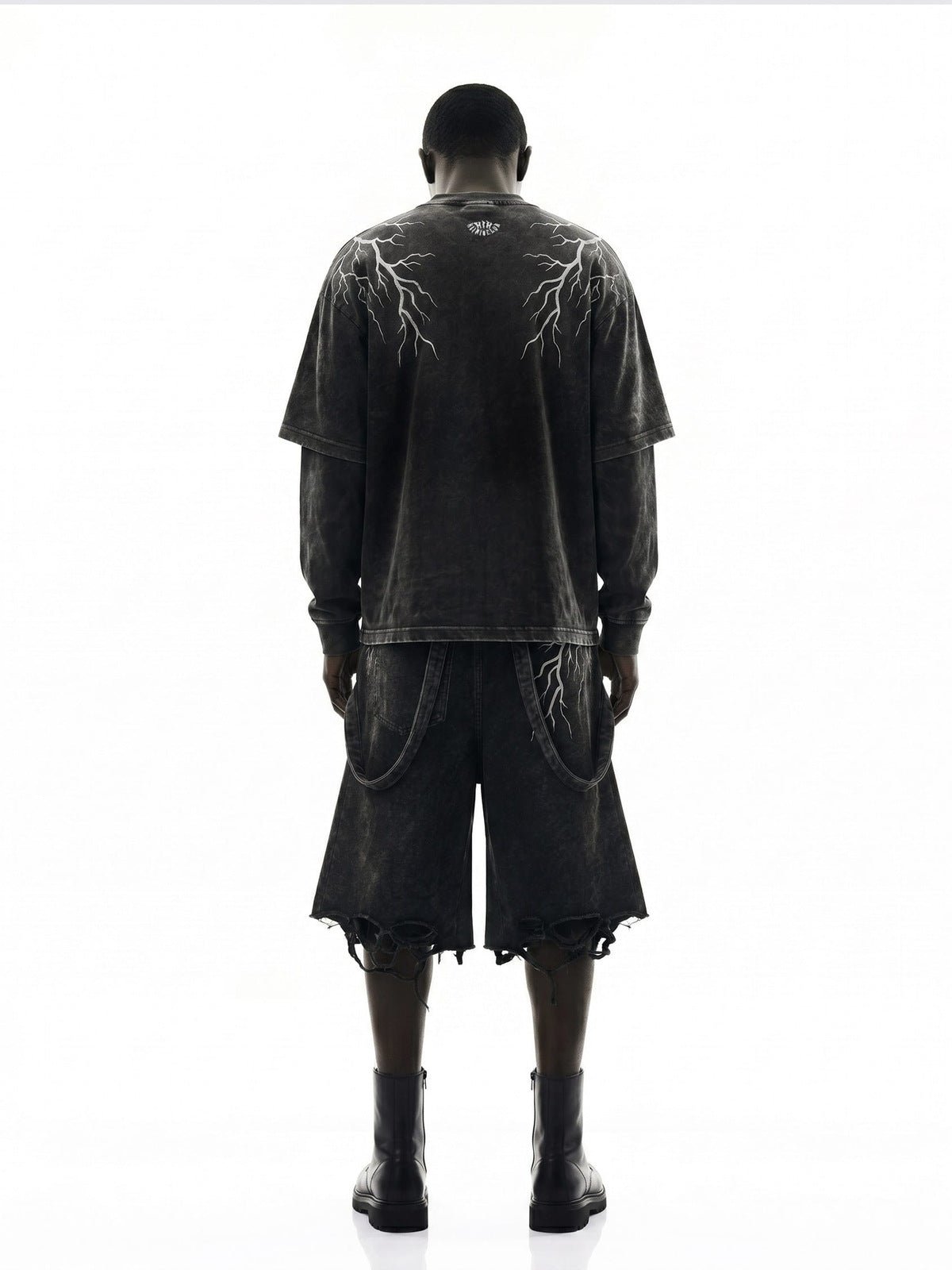Washed Layered Long Sleeve Tee with Lightning Bolts – on model, back | XoKool