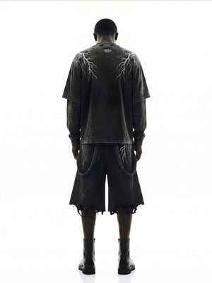 Washed Layered Long Sleeve Tee with Lightning Bolts – on model, back | XoKool