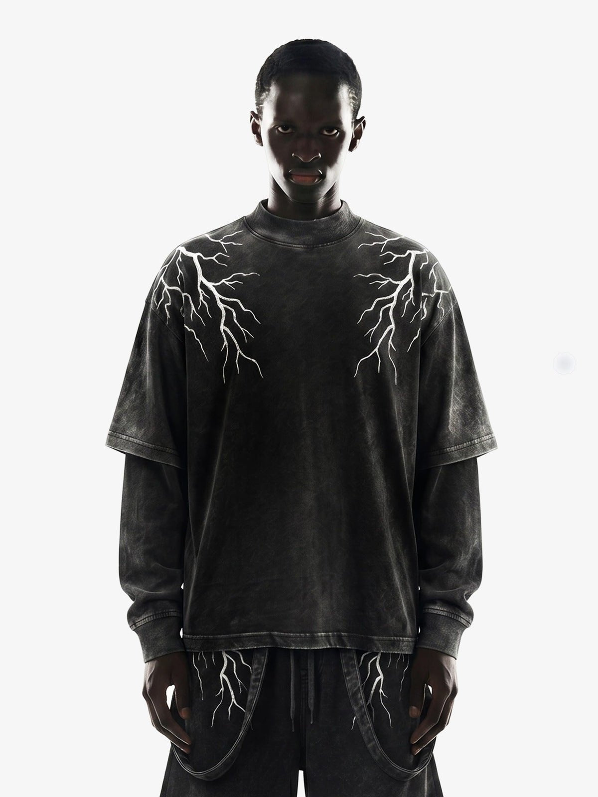 Washed Layered Long Sleeve Tee with Lightning Bolts – on model, front | XoKool