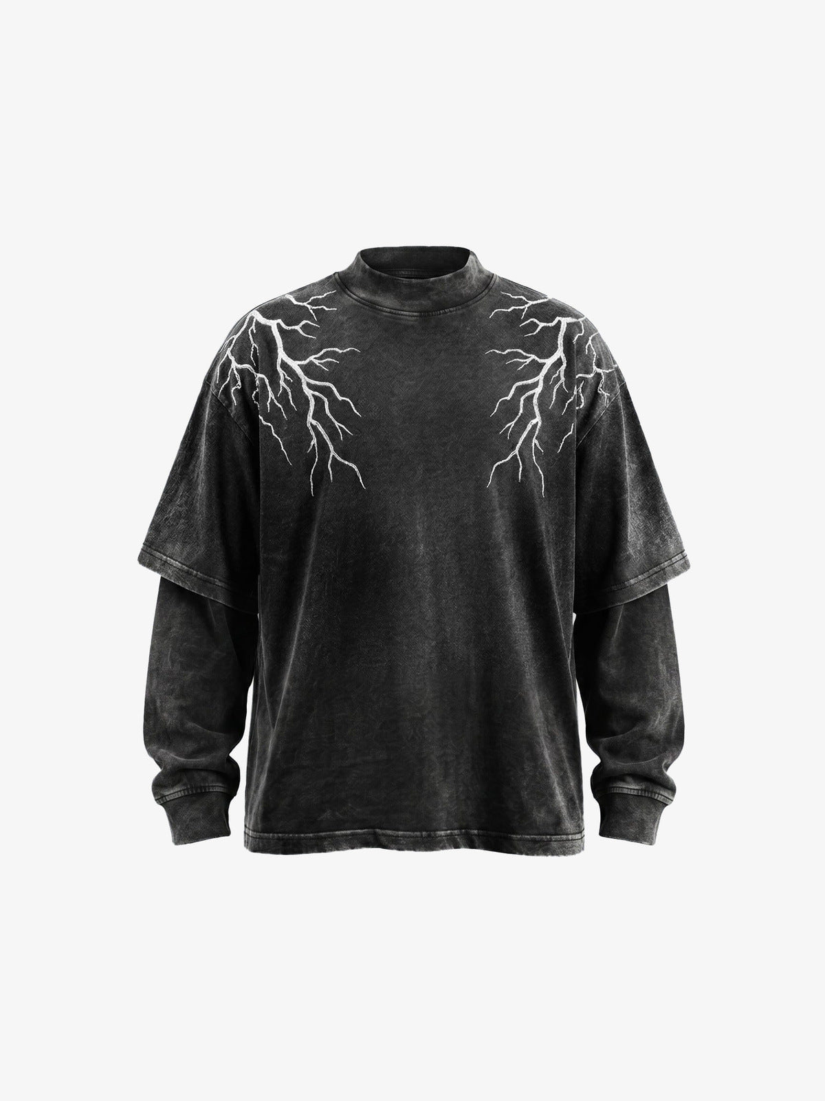 Washed Layered Long Sleeve Tee with Lightning Bolts – Washed Black, front view | XoKool