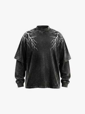 Washed Layered Long Sleeve Tee with Lightning Bolts – Washed Black, front view | XoKool