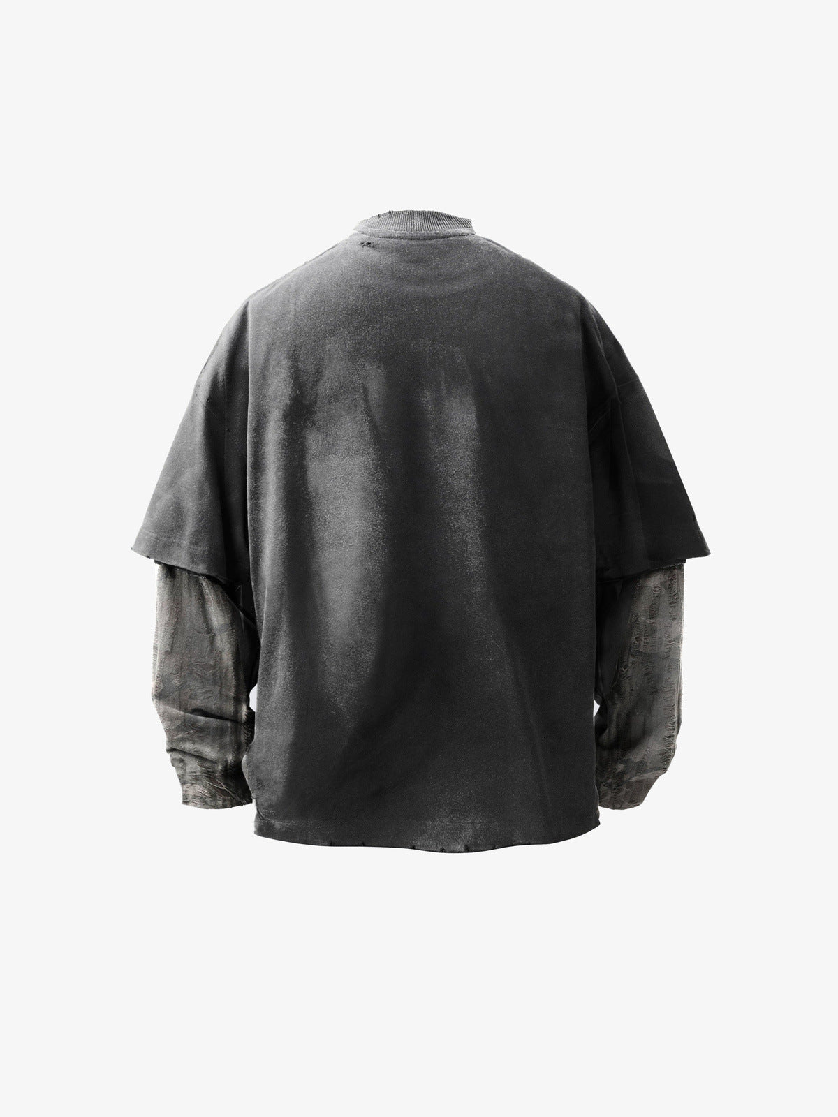 Washed Layered Long Sleeve Tee with Shredded Camo Sleeves – Charcoal, back view | XoKool