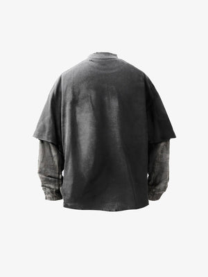 Washed Layered Long Sleeve Tee with Shredded Camo Sleeves – Charcoal, back view | XoKool