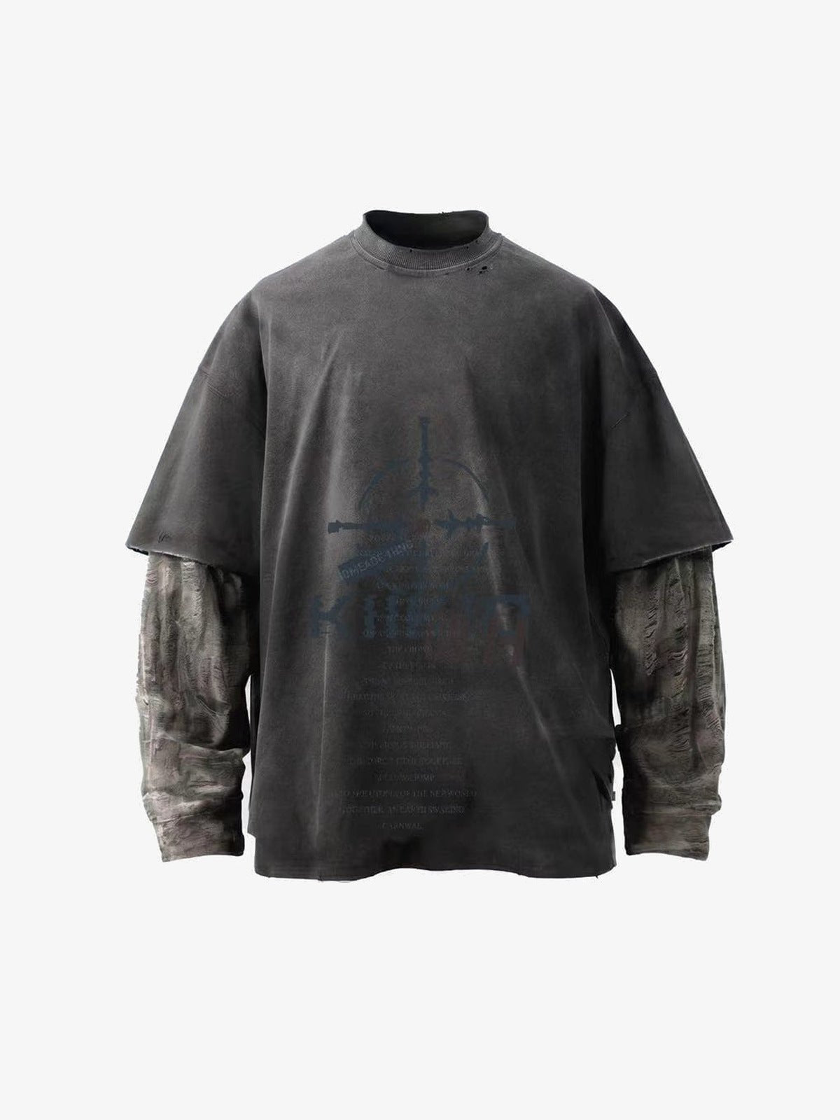 Washed Layered Long Sleeve Tee with Shredded Camo Sleeves – Charcoal, front view | XoKool