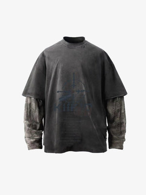 Washed Layered Long Sleeve Tee with Shredded Camo Sleeves – Charcoal, front view | XoKool