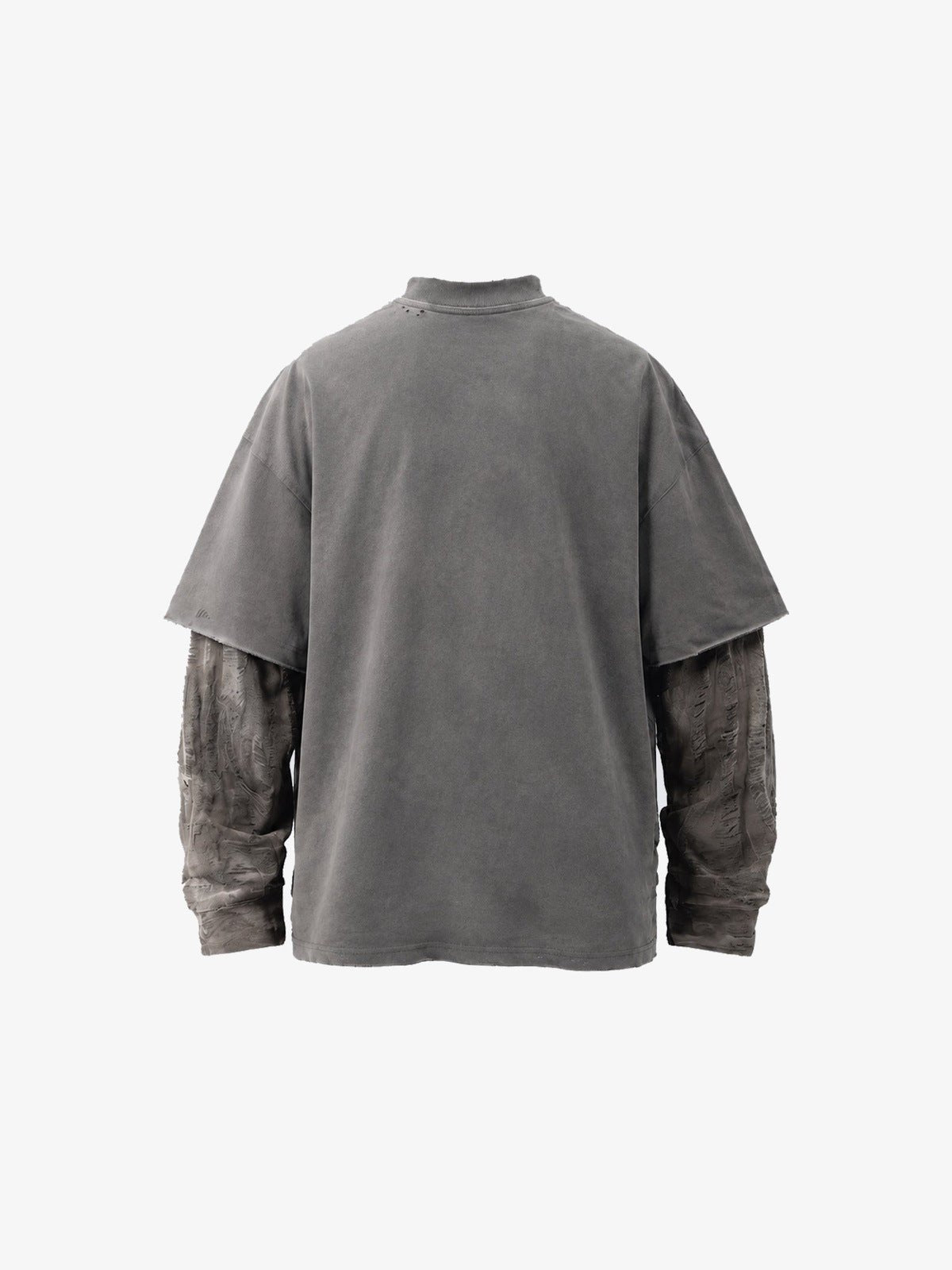 Washed Layered Long Sleeve Tee with Shredded Camo Sleeves – Grey, back view | XoKool
