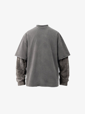Washed Layered Long Sleeve Tee with Shredded Camo Sleeves – Grey, back view | XoKool