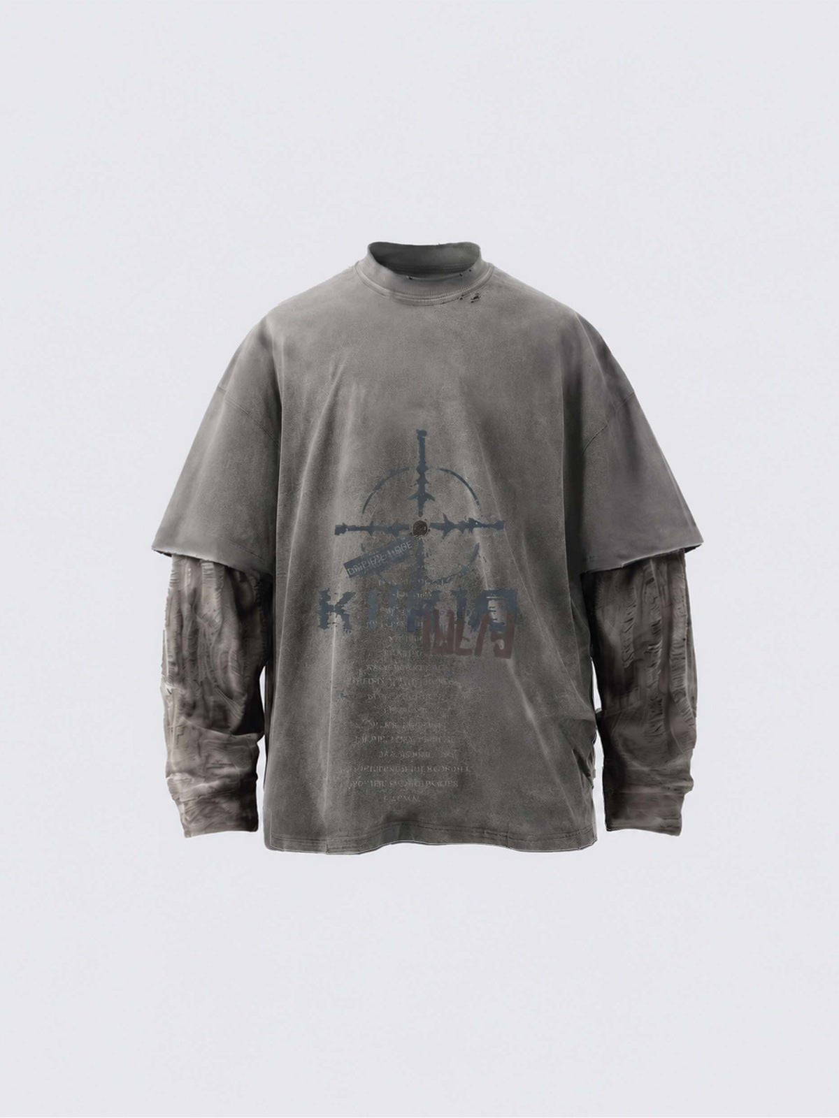 Washed Layered Long Sleeve Tee with Shredded Camo Sleeves – Grey, front view | XoKool