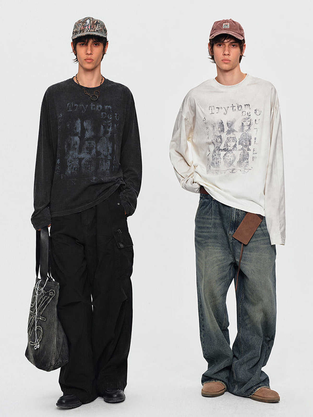 Washed long sleeve tee – Black and Washed Cream on two models | XoKool