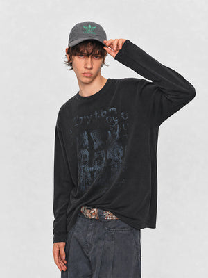 Washed Long Sleeve Tee with Faded Portrait Grid Print – on model, Black, front | XoKool