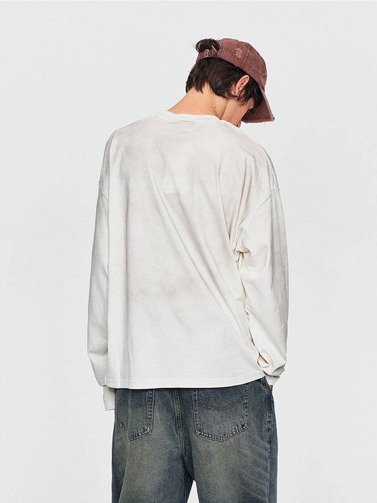 Washed long sleeve tee – on model, Washed Cream, back | XoKool