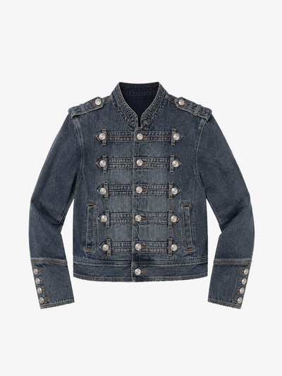 Giacca di Jeans Militare Slavata con Cinghie e Bottoni