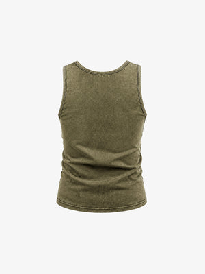 Washed Olive Graphic Tank Top with Cross Appliqué – back flat lay | XoKool