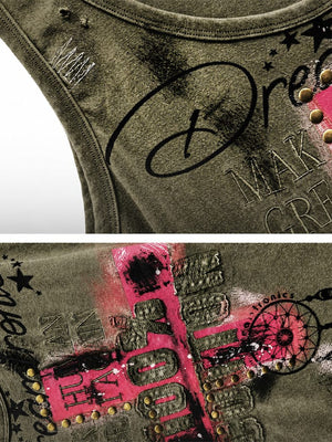 Graphic tank top – neckline lettering and cross appliqué close-up | XoKool