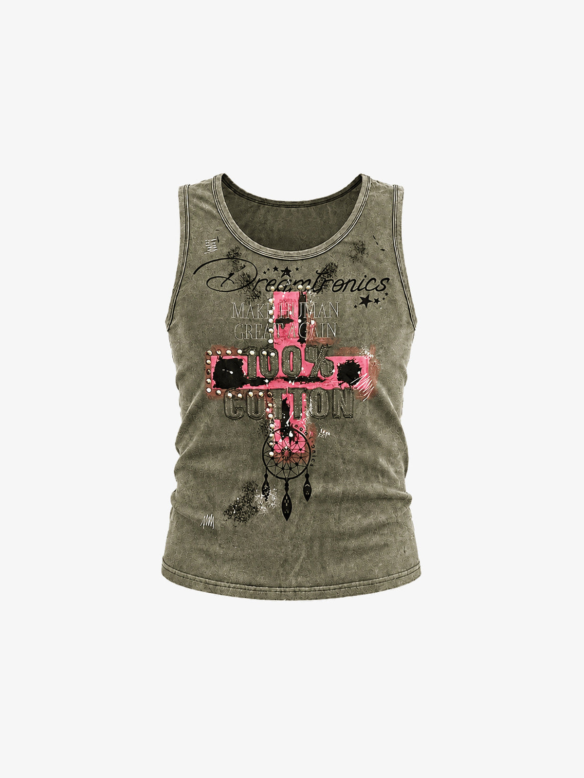 Washed Olive Graphic Tank Top with Cross Appliqué – Olive, front flat lay | XoKool