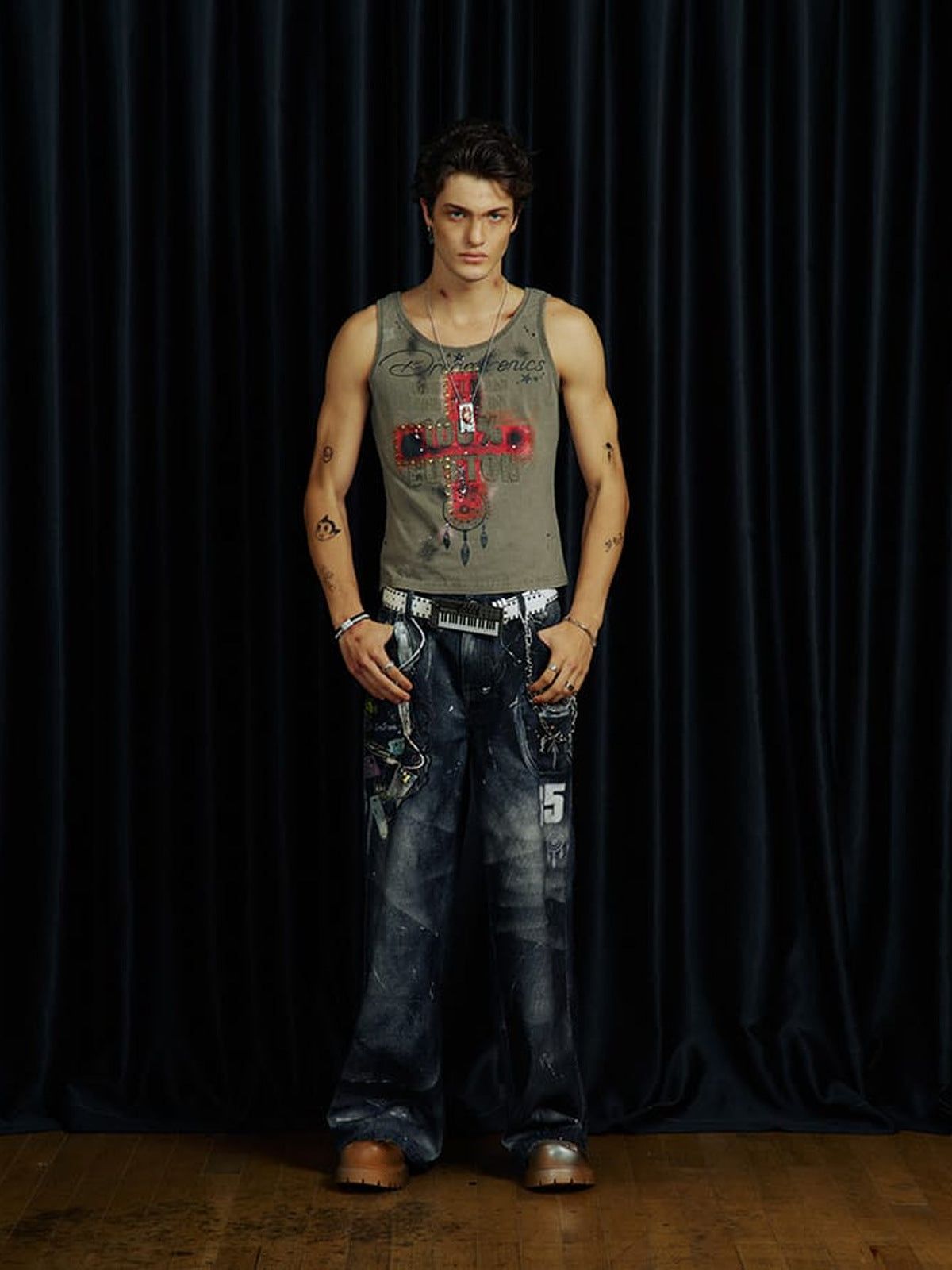 Washed Olive Graphic Tank Top with Cross Appliqué – on male model, front | XoKool