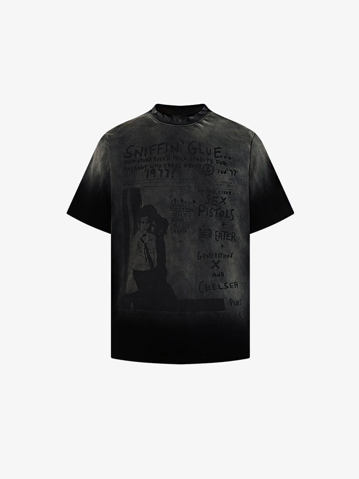 Washed Ombre Punk T-Shirt mit Zine-Cover-Print – Vorderseite flach | XoKool