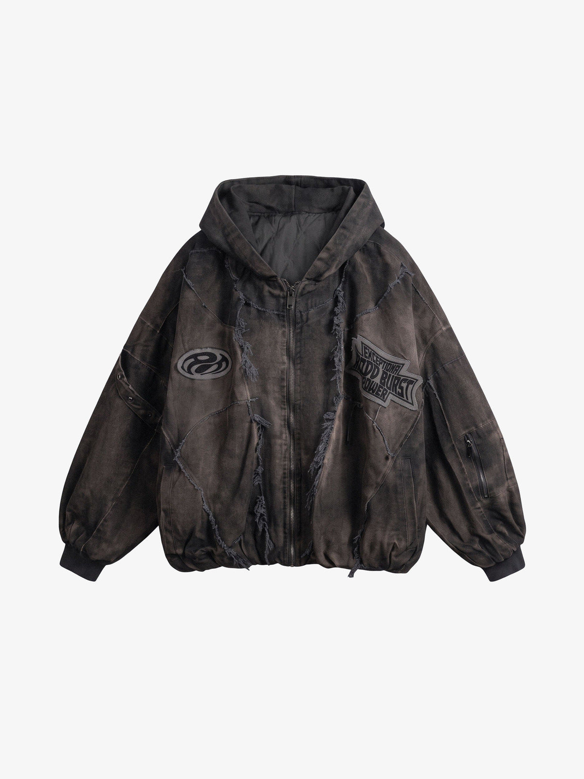 Washed Padded Hooded Patchwork Jacket – Brown, front flat lay | XoKool