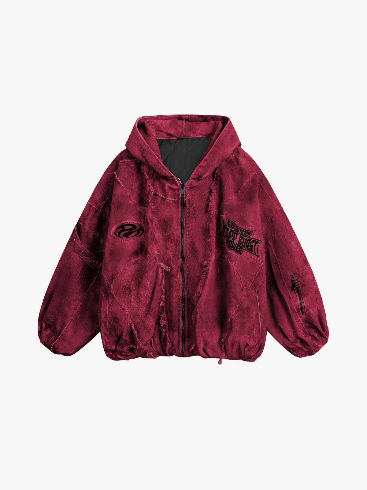 Washed Padded Hooded Patchwork Jacket – Red, front flat lay | XoKool
