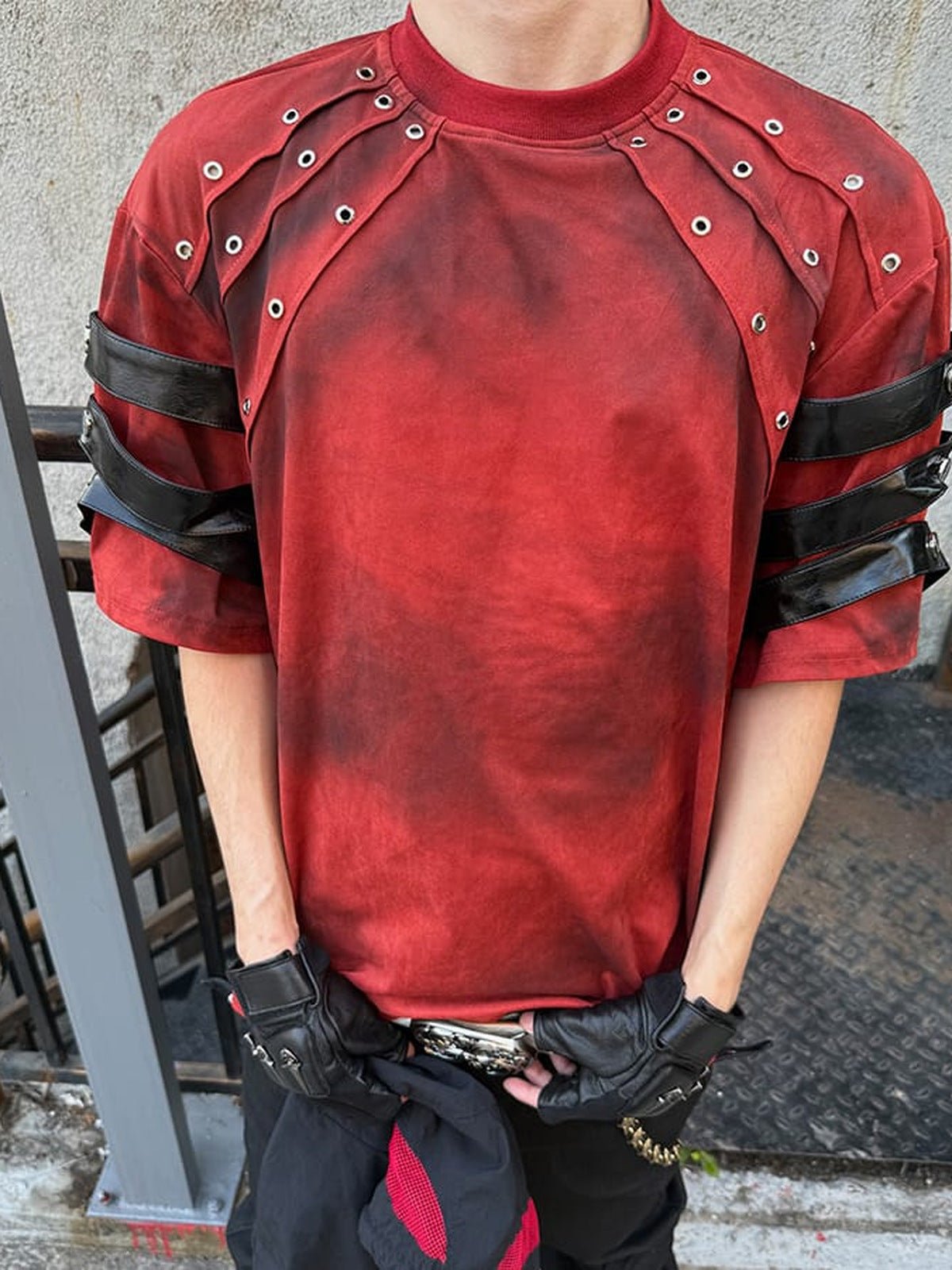 Eyelet strap punk tee – Rust Red, eyelet and strap close-up | XoKool