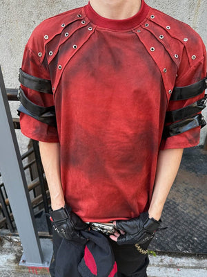 Eyelet strap punk tee – Rust Red, eyelet and strap close-up | XoKool
