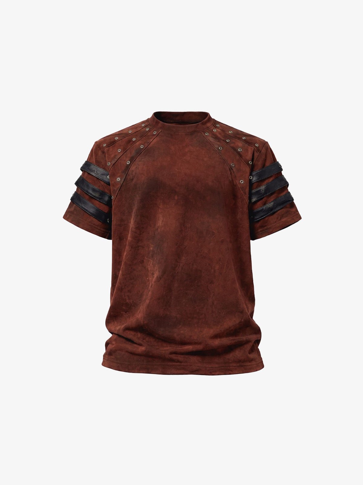 Washed Punk Tee with Eyelets and Strap Sleeves – Rust Red, front view | XoKool