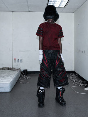 Washed Punk Tee with Eyelets and Strap Sleeves – Rust Red, on model front | XoKool