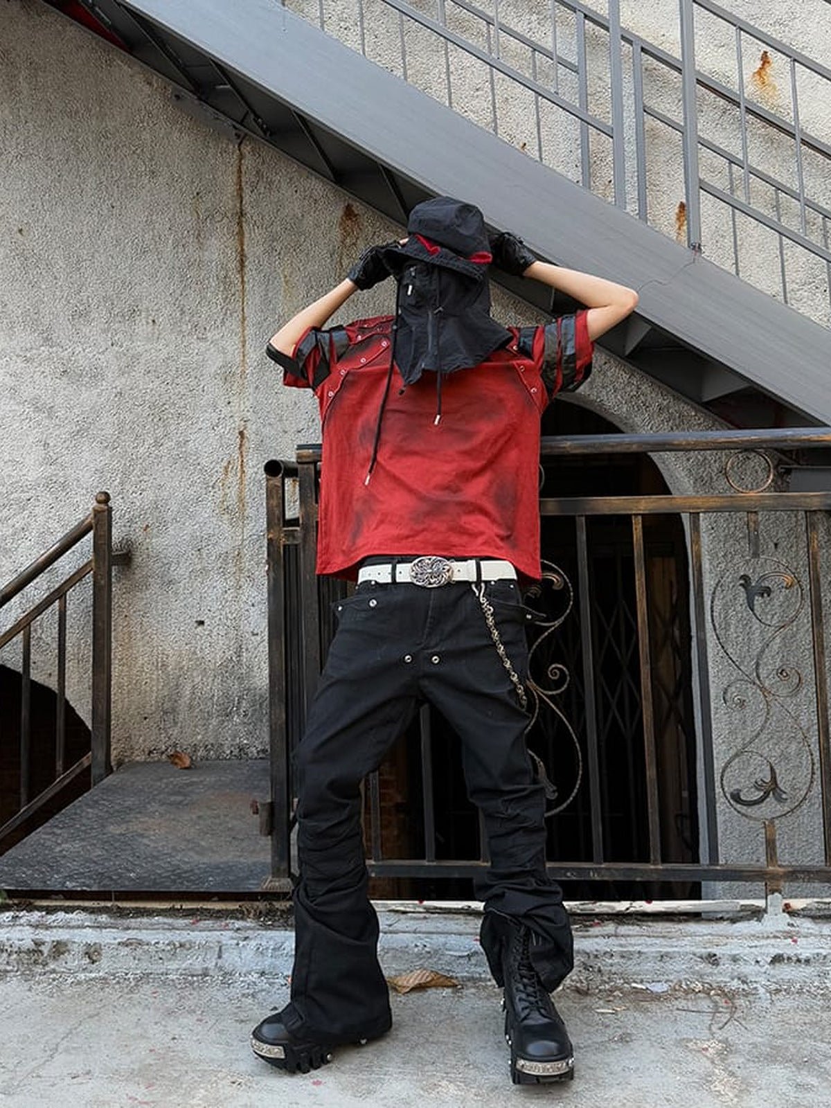 Eyelet strap punk tee – Rust Red, on model street | XoKool