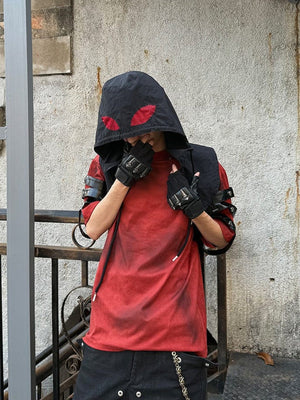 Eyelet strap punk tee – Rust Red, on model with hood (other item) | XoKool